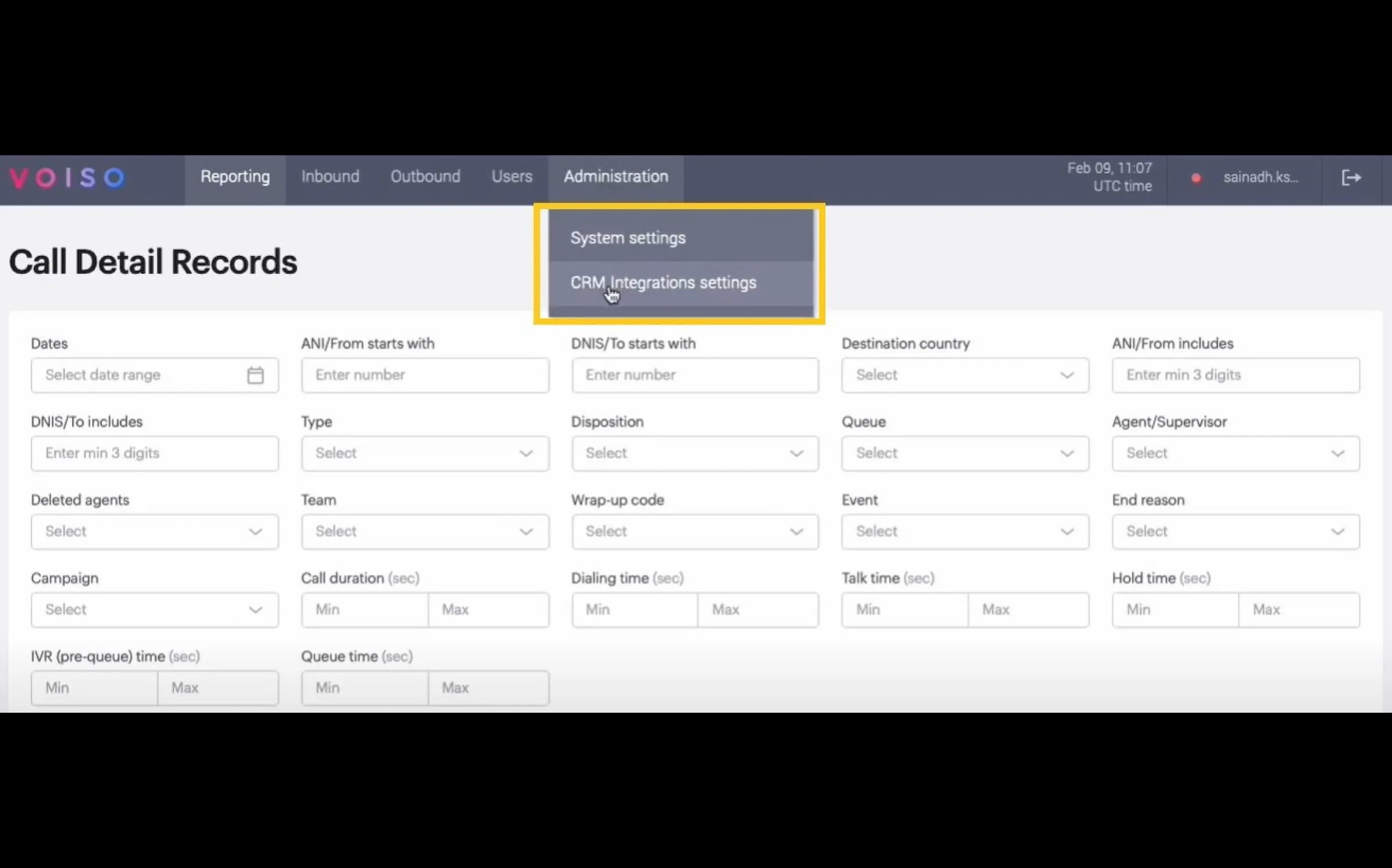 CRM Integrations settings page